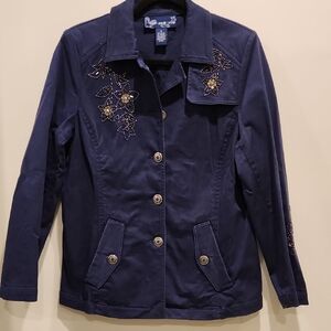 Susan Graver Blue Jacket with Fliral Beaded Embroidered Detail